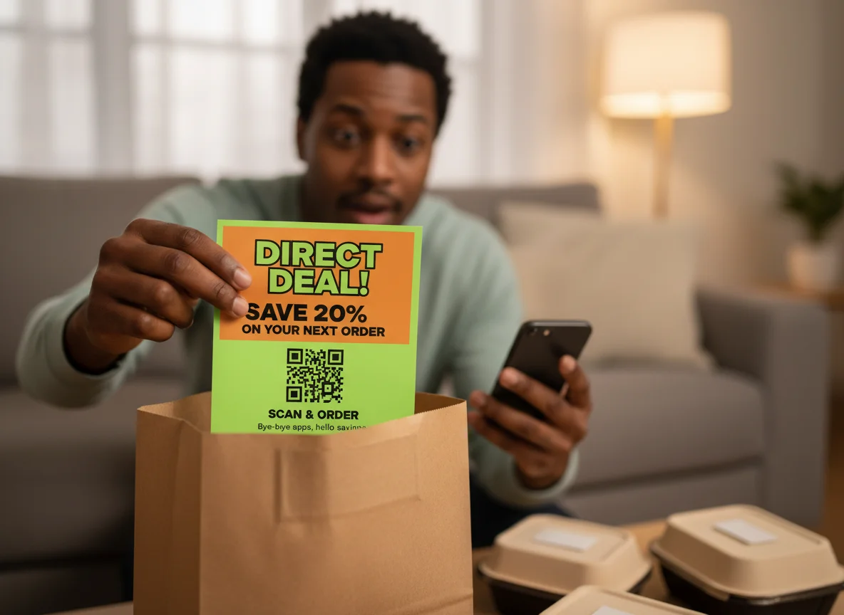 A customer pulling out a bright colored flyer with a direct ordering discount offer and QR code from their delivery bag, examining it with interest.