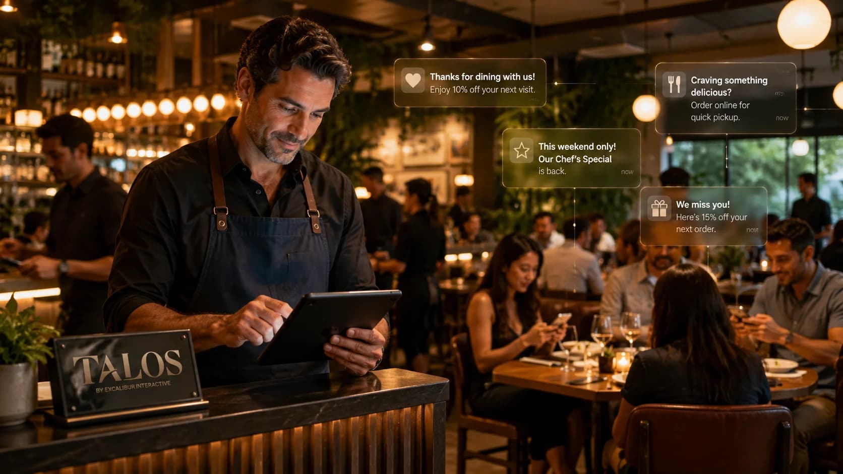 Restaurant owner using a tablet behind the counter while customers dine in the background and Talos marketing messages appear around the dining room, showing automated customer engagement.